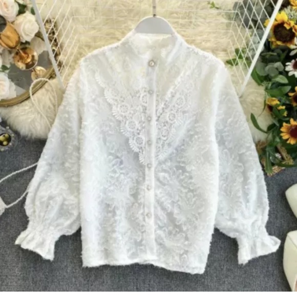 Lace Blouse Button Up Collar Floral Puff Sleeve White Fashion cream - Picture 4 of 9